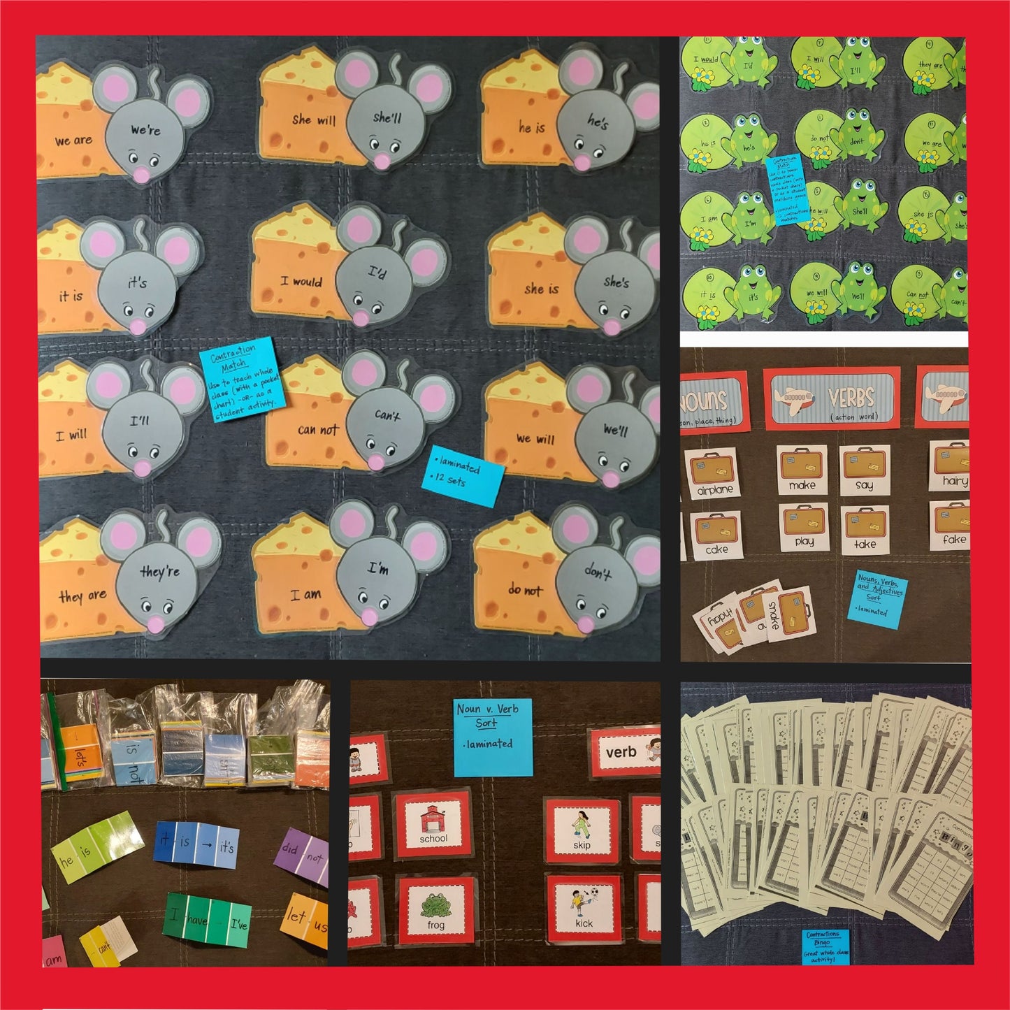 10 Ready-To-Go Games for Teaching (1) Contractions, (2) Nouns/Verbs/Adjectives, and (3) Common vs. Proper Nouns  (set #t-28)